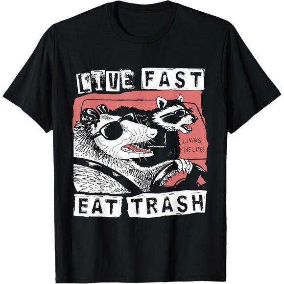 ROMWE Live Fast Eat Trash T-Shirt Youth L 8/10 Opossum Raccoon Funny Graphic Tee - Picture 1 of 7